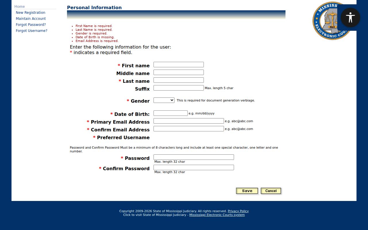 Carroll County case lookup source showing the PAMEC non-attorney registration form