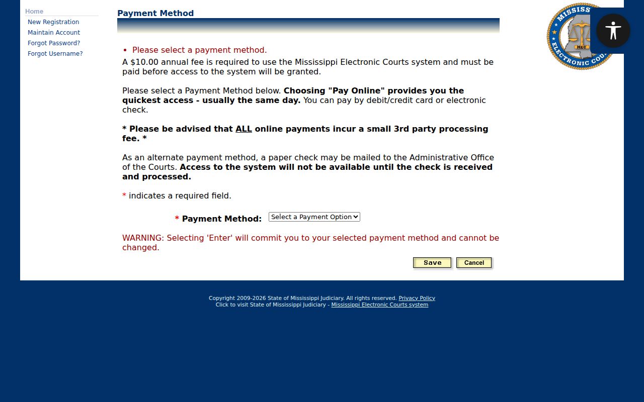 Carroll County case search source showing the PAMEC payment method page