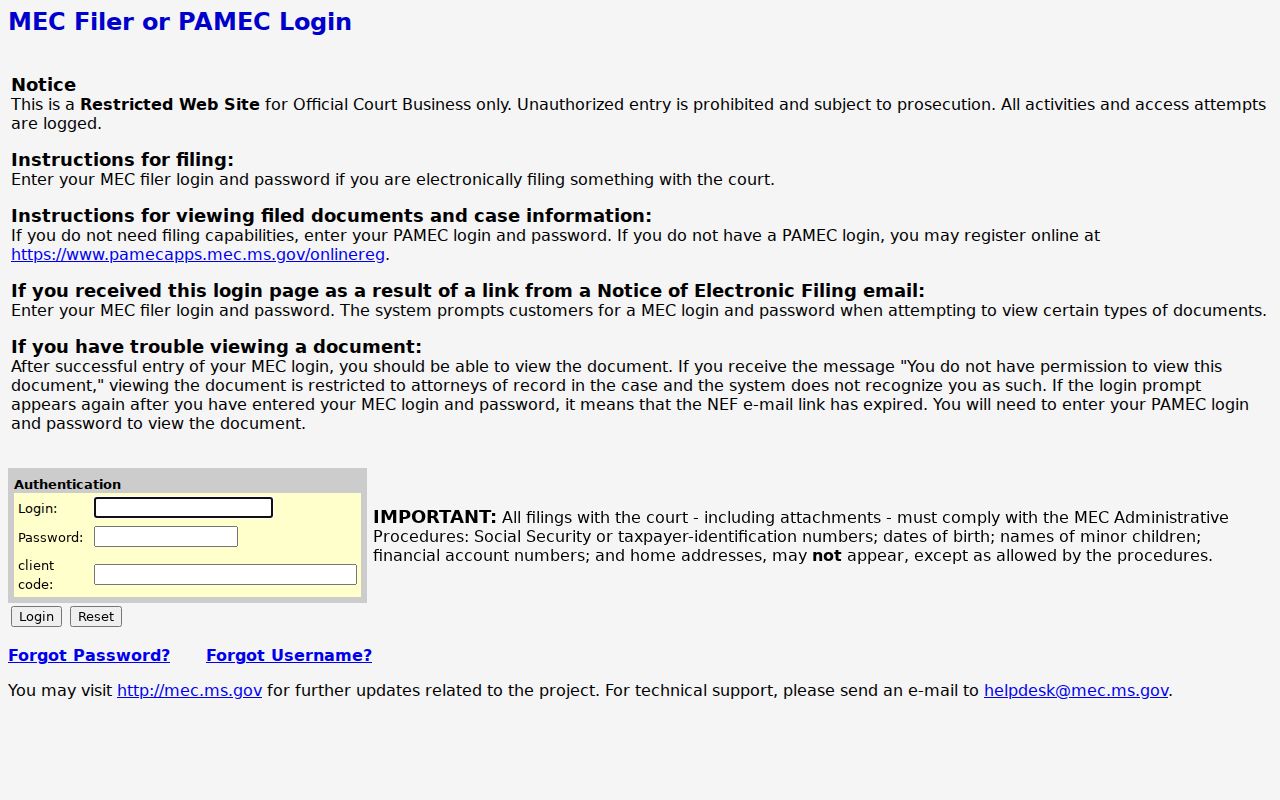 Carroll County civil docket access through the Sixth Chancery MEC login page