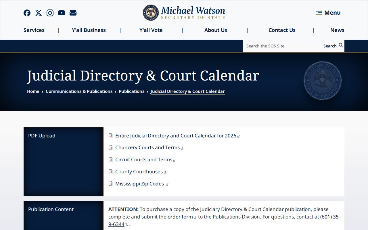 Carroll County court calendar source at the Mississippi Secretary of State judicial directory