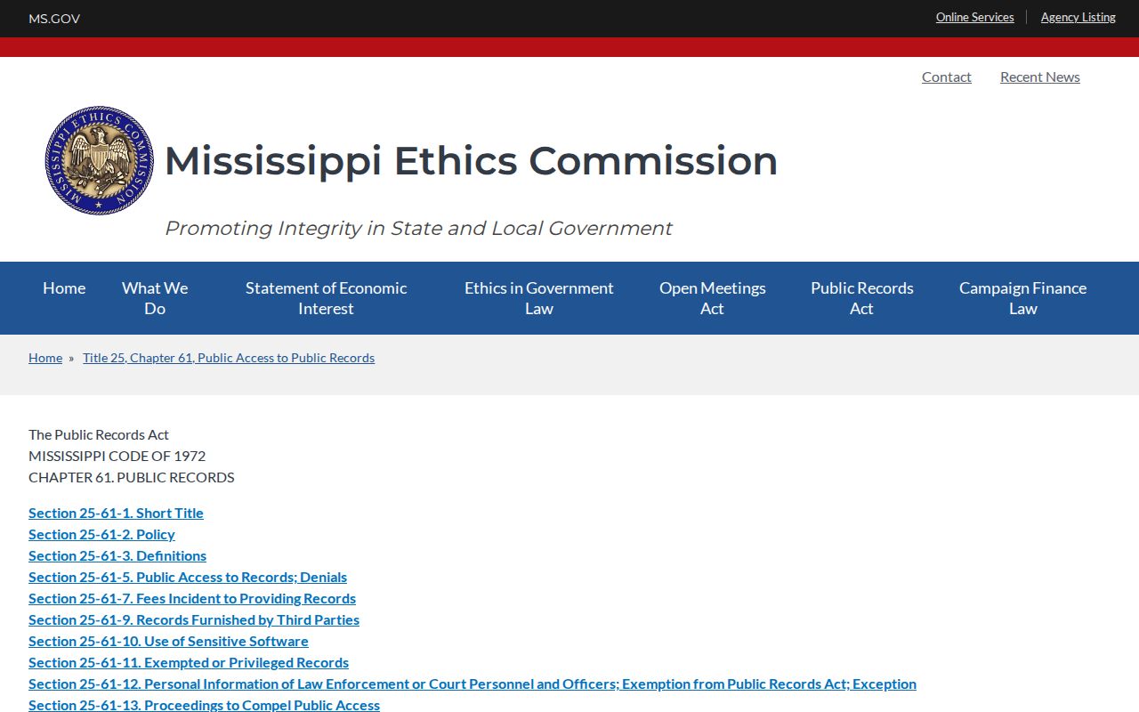 Carroll County court record source from the Mississippi Ethics Commission Public Records Act page
