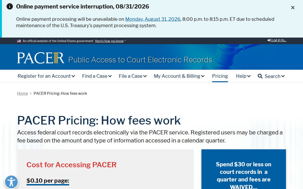 Carroll County court docket research showing PACER federal docket pricing